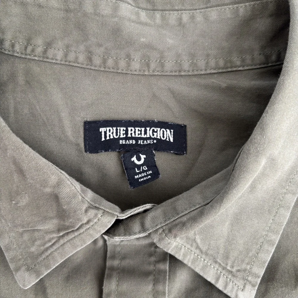 True Religion Mens Olive Green Short Sleeve Button Down Utility Shirt Large